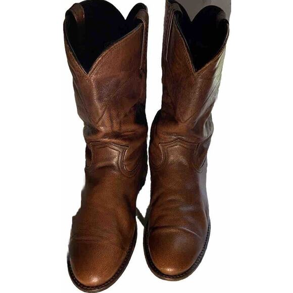 Dan Post Roper Leather Cowboy Western Boots Brown Pull On Style #6587 Mens 10 - Picture 1 of 9